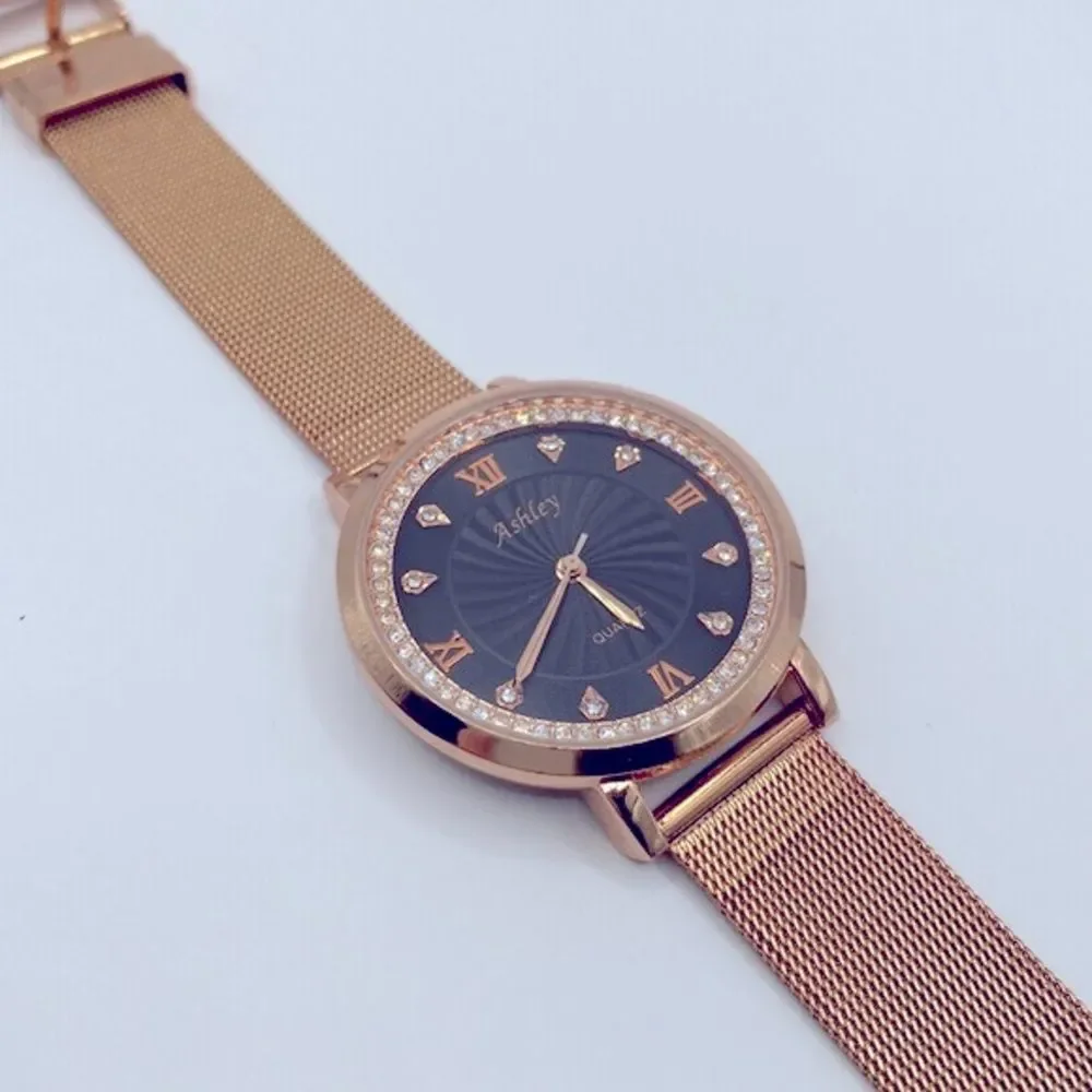 Working! Ashley Rose Gold Mesh Metal Rhinestone Bezel Watch